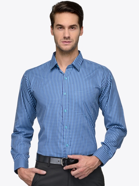 

English Navy Men Blue & Green Slim Fit Checked Formal Shirt