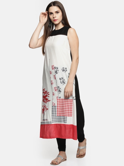 

RANGMANCH BY PANTALOONS Women Off-White & Black Printed Straight Kurta