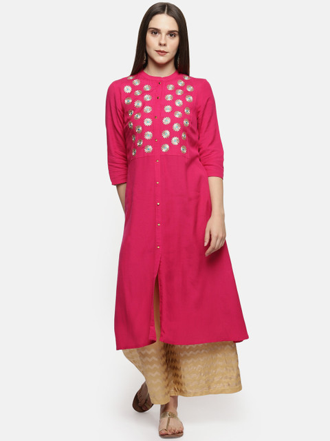 

RANGMANCH BY PANTALOONS Women Magenta Embroidered A-Line Kurta