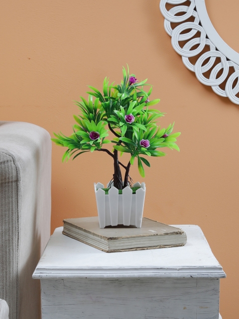 

Foliyaj Twin Trunked Bonsai Tree With Large Green Leaves and Light Purple Roses