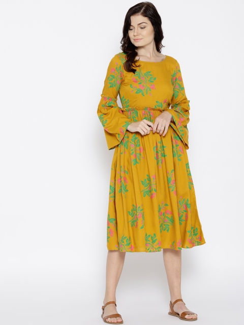 

MABISH by Sonal Jain Women Mustard Yellow & Green Floral Printed Fit and Flare Dress