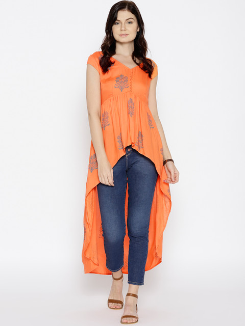 

MABISH by Sonal Jain Women Peach-Coloured Block Print High-Low Top
