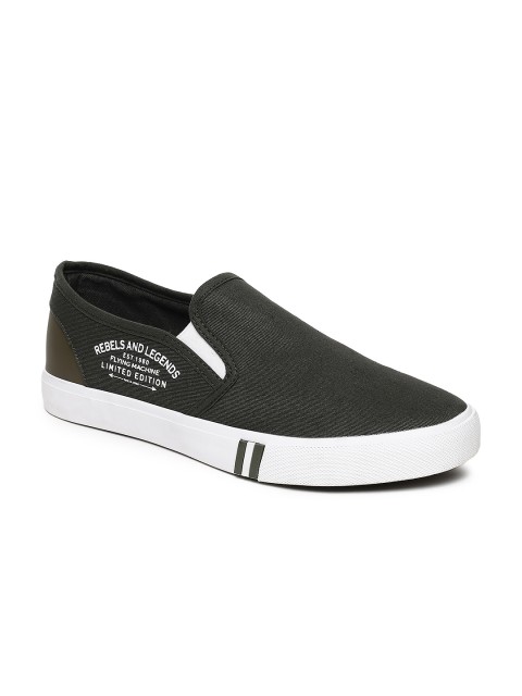

Flying Machine Men Olive Green Slip-On Sneakers, Black
