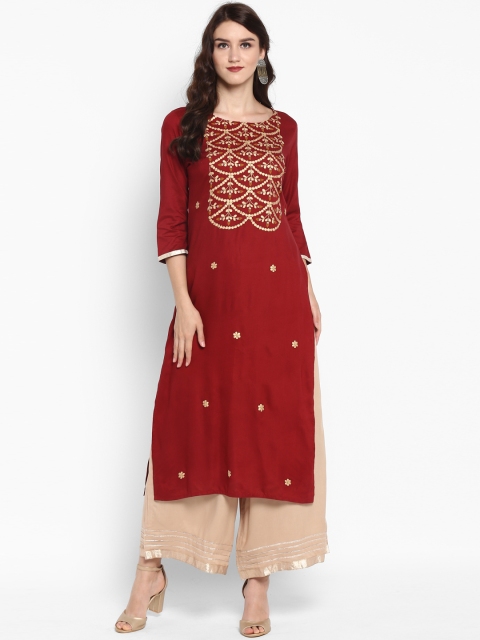 

Varanga Women Maroon & Beige Embroidered Kurta with Palazzos
