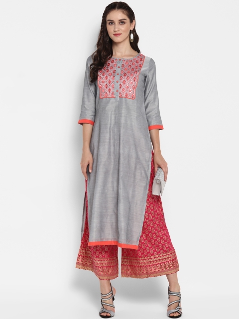 

Varanga Women Grey & Pink Embroidered Kurta with Palazzos