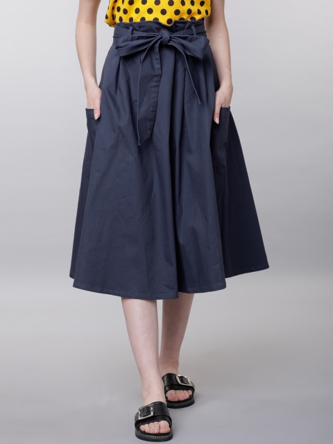

Tokyo Talkies Navy Blue midi Denim Pure Cotton Skirt