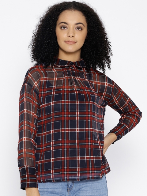 

Lee Cooper Women Navy Blue & Maroon Checked Top