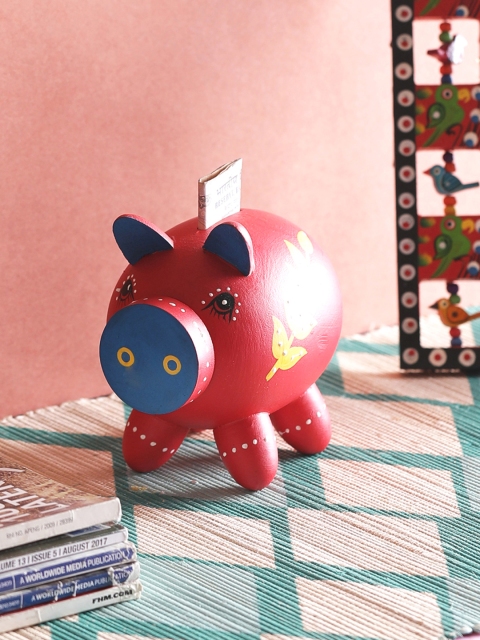 

VarEesha Hand Painted Red Wooden Piggy Bank