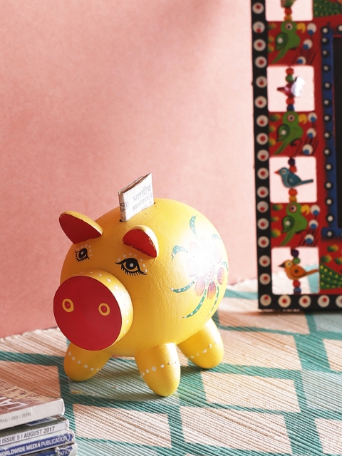 

VarEesha Hand Painted Yellow Wooden Piggy Bank