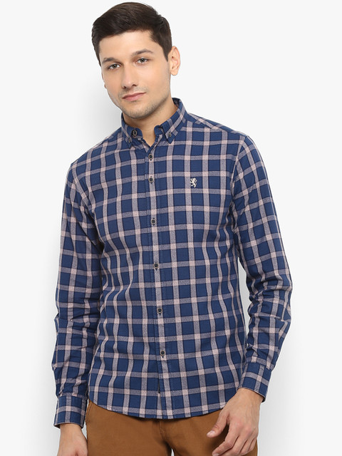 

Red Tape Men Beige & Navy Blue Regular Fit Checked Casual Shirt
