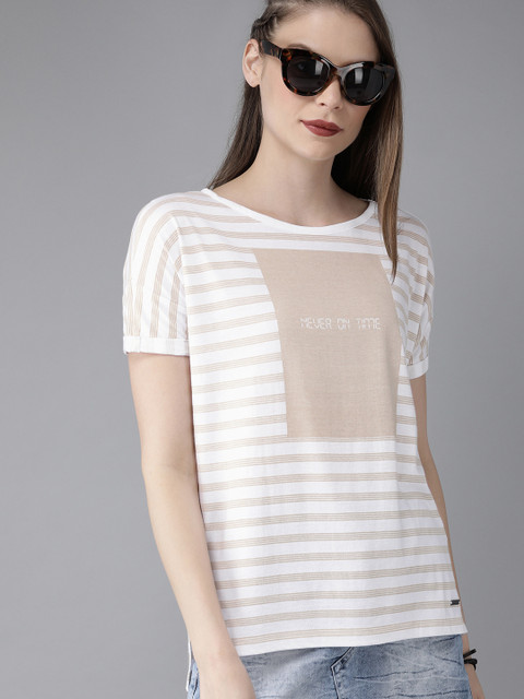 

Roadster Women White & Beige Striped Round Neck T-shirt