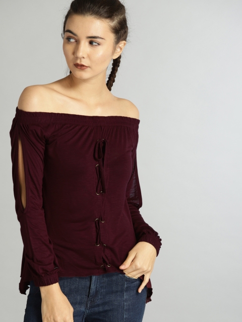 

Roadster Women Maroon Solid Bardot Top