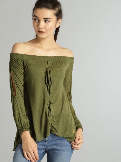 

Roadster Women Olive Green Solid Bardot Top