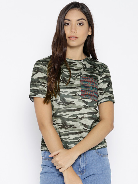 

Lee Cooper Women Olive Green Printed Round Neck T-shirt