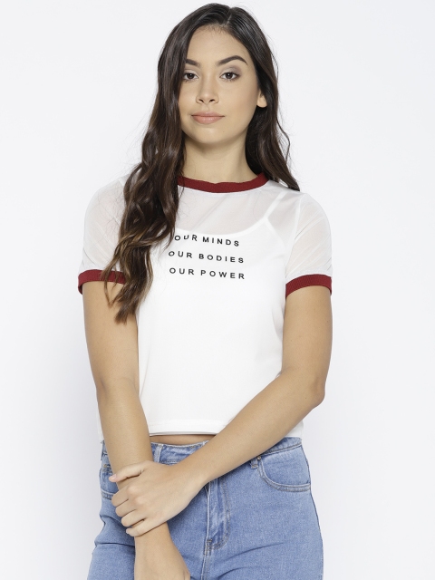 

Lee Cooper Women White Printed Semi-Sheer Round Neck Crop T-shirt