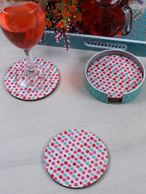 

RANGRAGE Set of 4 Handcrafted Printed Circular Wooden Coasters with Holder, White