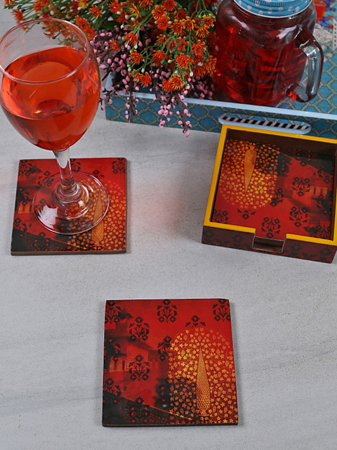 

RANGRAGE Red & Yellow Set of 4 Handcrafted Square Wooden Coasters with Holder