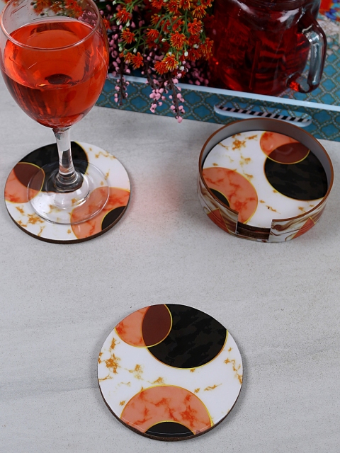 

RANGRAGE White & Black Set of 4 Handcrafted Circular Wooden Coasters with Holder