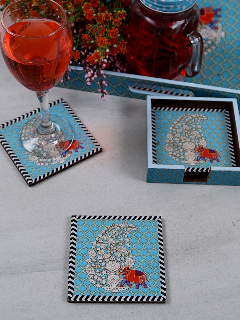 

RANGRAGE Set of 4 Handcrafted Printed Square Wooden Coasters with Holder, Blue