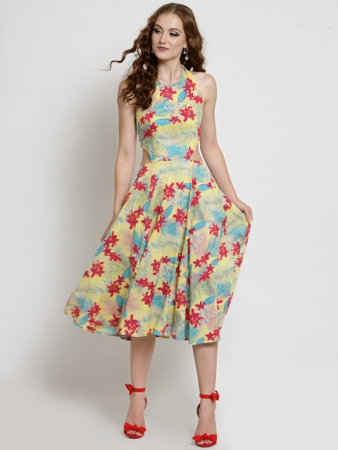 

Sera Women Yellow Printed Fit and Flare Dress