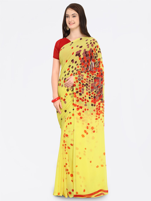 

Shaily Yellow & Red Pure Georgette Printed Saree