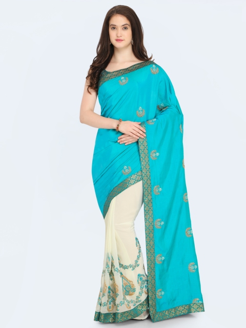 

Shaily Blue & White Pure Georgette Embroidered Saree