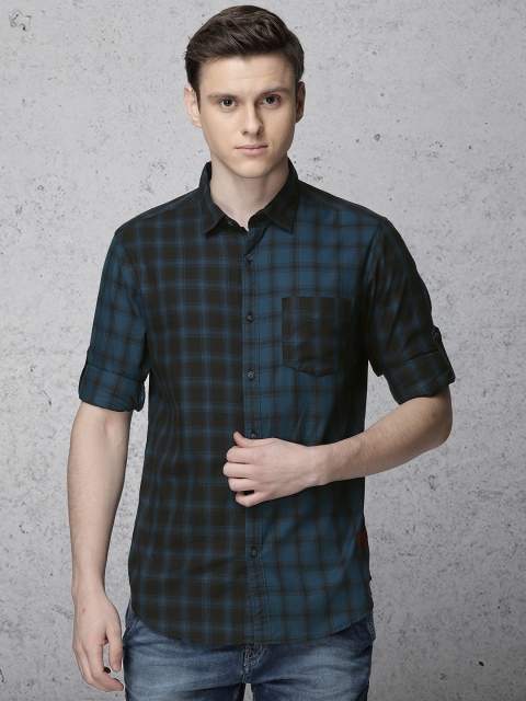 

Ecko Unltd Men Teal & Navy Blue Slim Fit Checked Casual Shirt