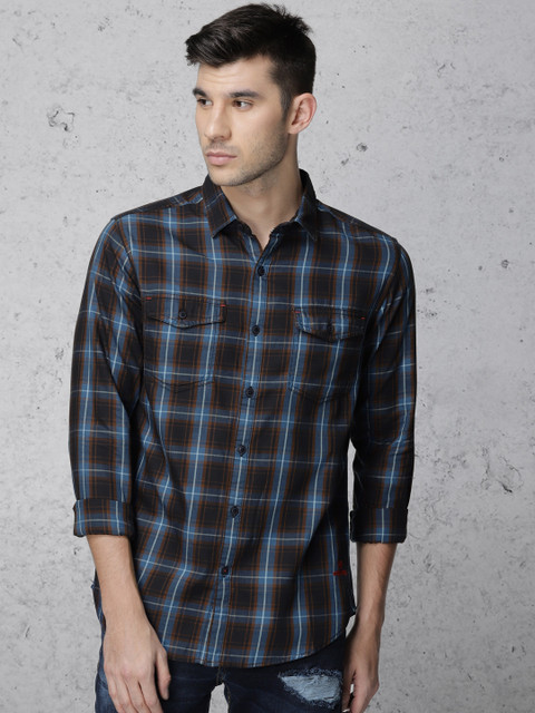 

Ecko Unltd Men Navy Blue & Brown Slim Fit Checked Casual Shirt