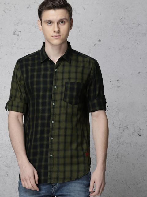 

Ecko Unltd Men Olive Green & Navy Blue Slim Fit Checked Casual Shirt