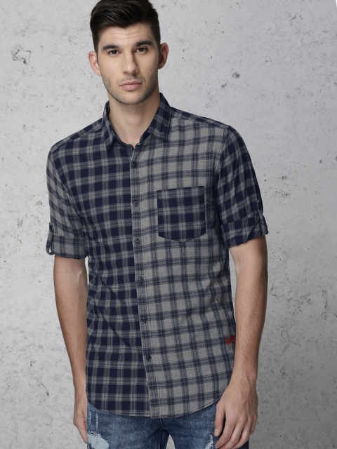 

Ecko Unltd Men Navy Blue & Grey Slim Fit Checked Casual Shirt