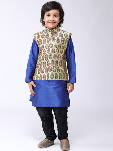 

SOJANYA Boys Blue Solid Kurta with Churidar & Nehru Jacket