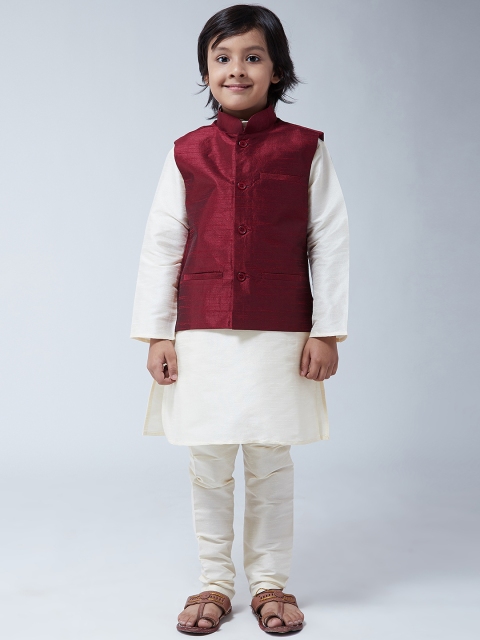

SOJANYA Boys Cream-Coloured & Maroon Solid Kurta with Churidar