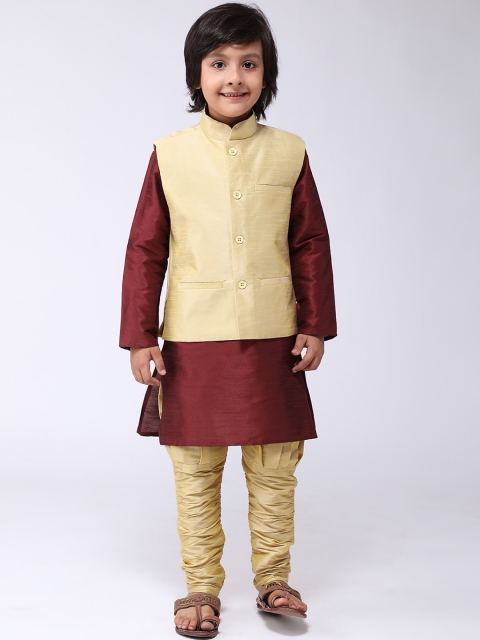 

SOJANYA Boys Maroon & Gold-Toned Solid Kurta with Churidar