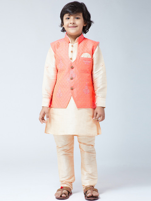 

SOJANYA Boys Orange & Gold-Toned Self Design Kurta with Churidar