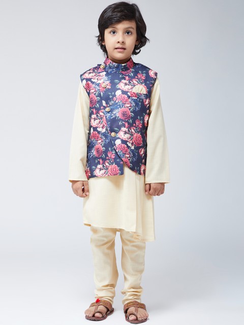 

SOJANYA Boys Cream-Coloured & Blue Printed Kurta with Churidar & Nehru Jacket