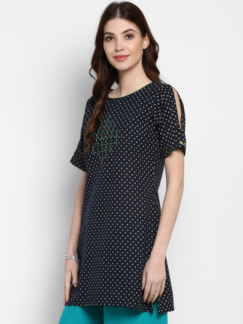 

Mytri Women Navy Blue & Yellow Printed Pure Cotton Straight Kurti