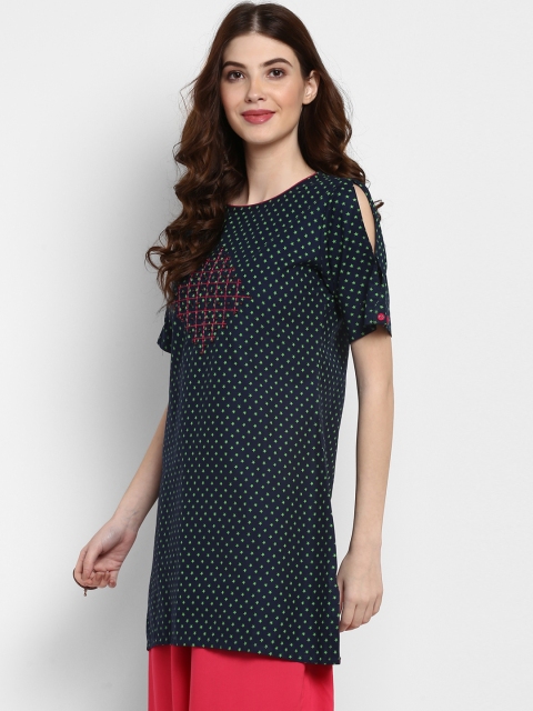 

Mytri Women Green & Navy Blue Printed Pure Cotton Straight Kurti