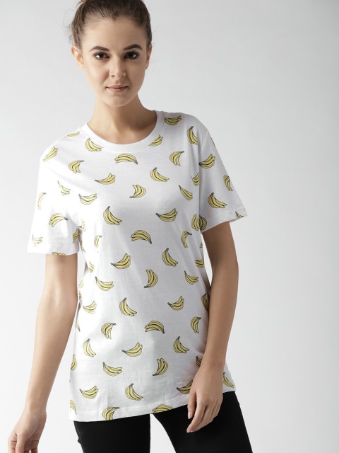 

FOREVER 21 Women White & Yellow Printed Round Neck T-shirt