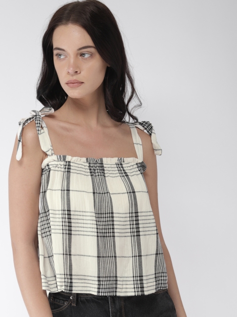 

FOREVER 21 Women Cream-Coloured Checked Bardot Top