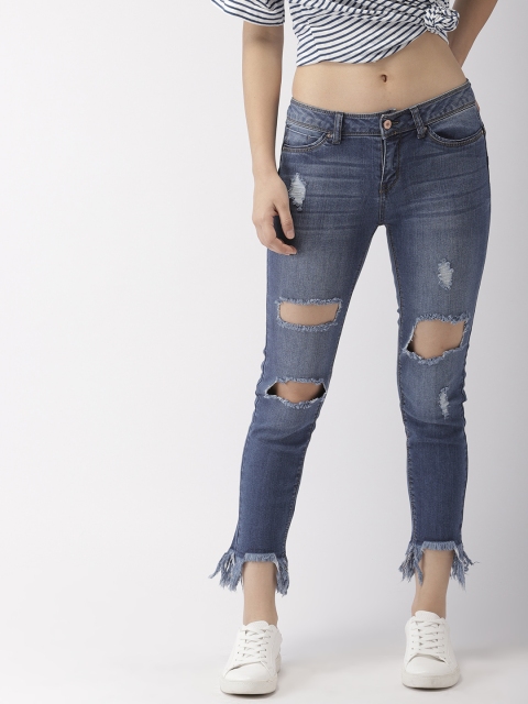 

FOREVER 21 Women Blue Slim Fit Mid-Rise Clean Look Stretchable Cropped Jeans