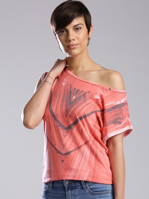 

GAS Women Coral Orange Printed Round Neck T-shirt