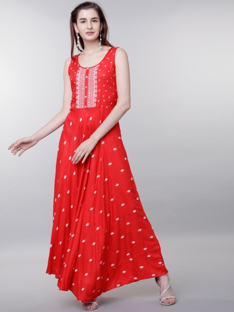 

Vishudh Women Red Self Design Maxi Dress