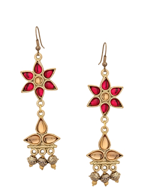 

TJORI Pink & Yellow Teardrop Shaped Drop Earrings