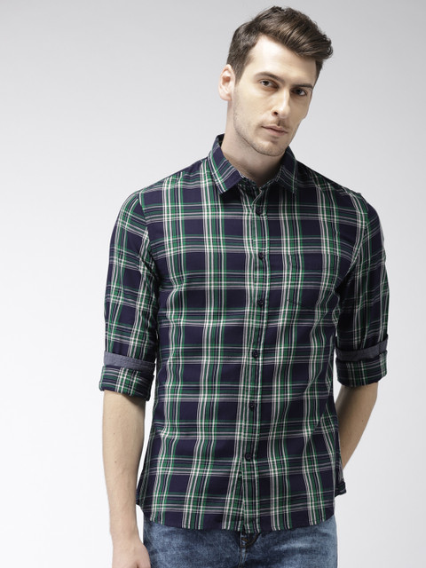 

Celio Men Navy Blue & Green Slim Fit Checked Casual Shirt