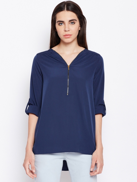 

Oxolloxo Women Navy Blue Solid High-Low Top