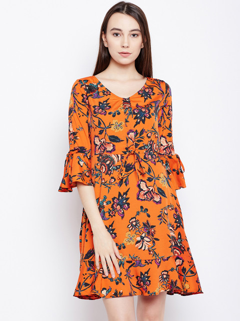 

Oxolloxo Women Orange Printed Fit and Flare Dress