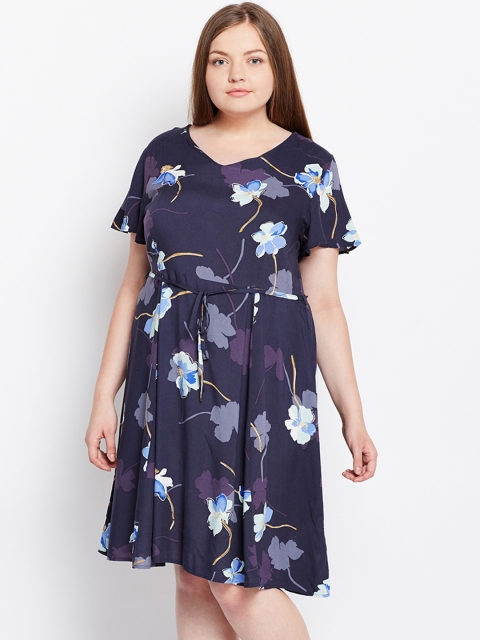 

Oxolloxo Women Plus Size Navy Blue Printed Fit and Flare Dress