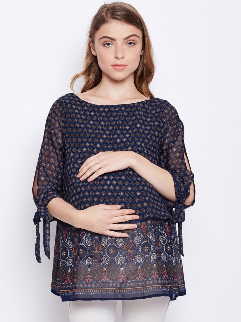

Oxolloxo Women Navy Blue Printed Maternity Tiered Top