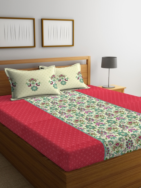 

Portico New York Red & Sea Green Floral Flat 144 TC Cotton Double Bedsheet