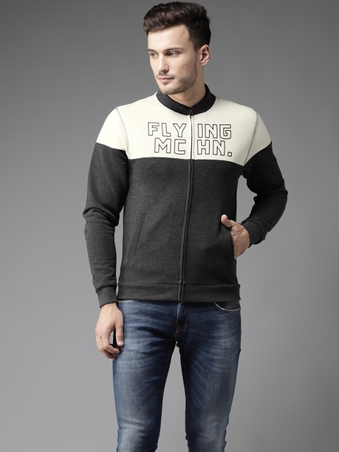 

Flying Machine Men Charcoal Grey & White Colourblocked Sweatshirt